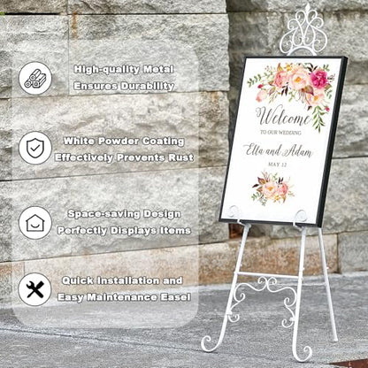 59" H Metal White Large Adjustable Easel Stand for Wedding Sign | Metal Free Standing Scroll Display Easel for Wedding Sign Mirror Picture Poster Holder Showcasing