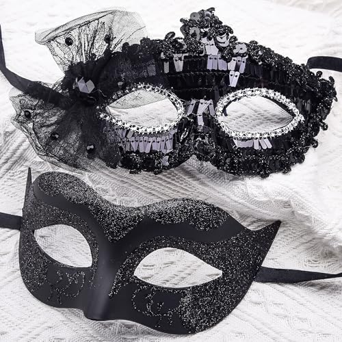 SIQUK Couple Masquerade Masks Set Venetian Party Mask Costume Mask - color: Bow Black