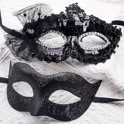 SIQUK Couple Masquerade Masks Set Venetian Party Mask Costume Mask - color: Bow Black