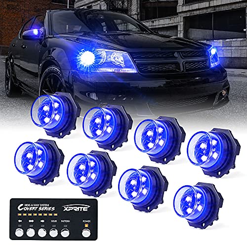 Xprite Blue LED Hideaway Strobe Lights Kit, 20 Flash Modes w/Control Panel Headlights Taillights Fog Light Interior Mounting for Construction Towing Snow Plow Pickup Work Trucks Cars 8 PCS - color: Blue, size: 8 pcs