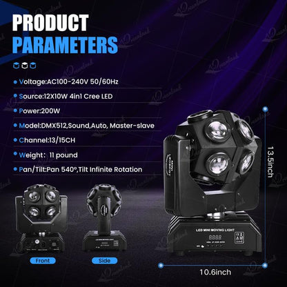 Dreamland Moving Head DJ Lights, RGBW LED Rotation Party Lights with DMX Sound Auto Control, Strobe Disco Lighting for Parties Stage Club Christmas