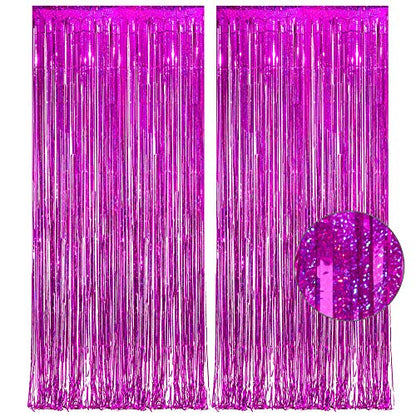 Magenta Tinsel Curtain Party Backdrop - GREATRIL Foil Fringe Curtain Photo Booth Streamers for Bachelorette Party Engagement Bridal Shower 2 PCS - color: Magenta