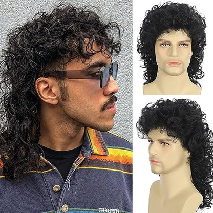 Curly Mullet Wigs for Men 80s Black Long Curly Wigs Hippie Rocking 80s Party Cosplay Costume Anime Heat Resistant Synthetic Hair Wig 70's Wig - color: E-Black