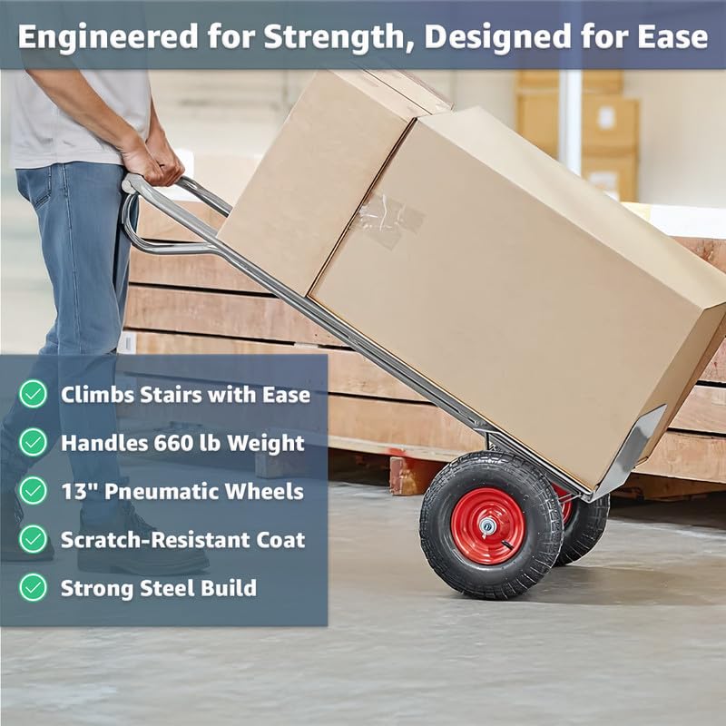 Heavy-Duty Commercial 660 lb Hand Truck Dolly with 13" Pneumatic Wheels, Steel Cart with Handle and Toe Plate, Ideal for Warehouse, Moving, Delivery, Grey - color: Gray, size: 660lb.