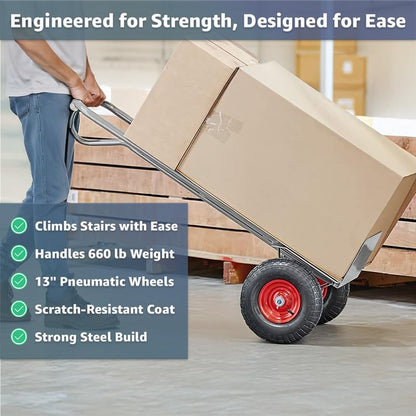 Heavy-Duty Commercial 660 lb Hand Truck Dolly with 13" Pneumatic Wheels, Steel Cart with Handle and Toe Plate, Ideal for Warehouse, Moving, Delivery, Grey - color: Gray, size: 660lb.