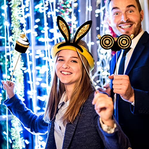 Zonon 24 Pcs Photo Booth Props Set Black Gold Birthday,Golden | Props on Sticks for Wedding, Reunion, Prom, Includes Mustache, Hats, Glasses, Ties, Lips, Crowns, Fun Party Accessories - color: Golden