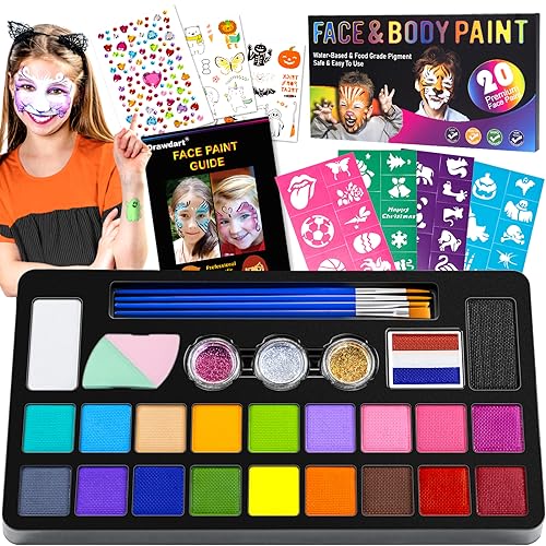 Drawdart Face Painting Kit for Kids - 20 Colors Water Based Non-Toxic Paint With Stencils & Brushes - Professional Body Makeup Kit for Parties, Birthdays, Halloween - color: 20 Colors Kit