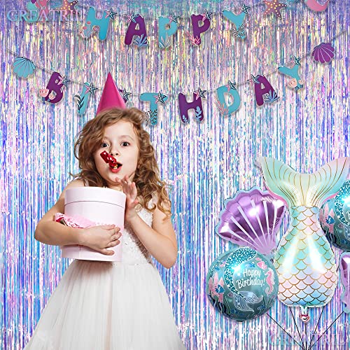 Iridescent Party Streamers Backdrop - GREATRIL Neon Transparent Holographic Tinsel Foil Fringe Curtain for Mermaid/Frozen/Sea/Euphoria/ERAS Party Theme Decorations 3.2ft x 6.5ft 2 PCS | GREATRIL Neon Transparent Holographic Tinsel Foil Fringe Curtain for