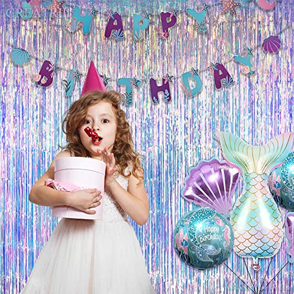 Iridescent Party Streamers Backdrop - GREATRIL Neon Transparent Holographic Tinsel Foil Fringe Curtain for Mermaid/Frozen/Sea/Euphoria/ERAS Party Theme Decorations 3.2ft x 6.5ft 2 PCS | GREATRIL Neon Transparent Holographic Tinsel Foil Fringe Curtain for