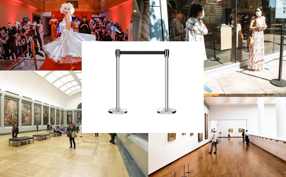 Montour Line M530 Set of 2 Retractable Belt Barrier Stanchion, Sloped Base, Polished Stainless Steel Post (7.5 ft Dark Blue Belt) - color: Dark Blue, size: 7.5 ft
