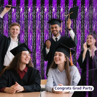 BEISHIDA Black Purple Door Streamers Backdrop Foil Fringe Tinsel Party Streamers Curtains Photo Backdrop - 2Pcs for Birthday Graduation Halloween Party Decoations - color: 05-black purple