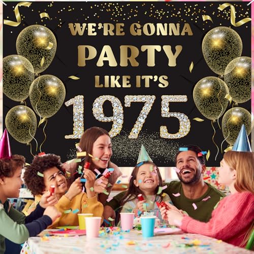 We’re Gonna Party Like It’s 1975 Birthday Banner Backdrop Cheer to 51st Birthday Party Supplies for Men Women Photography Decorations Black and Gold Glitter Favors - size: 1975