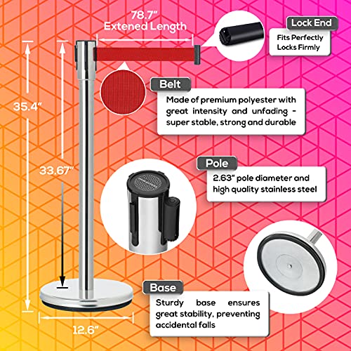 DuraSteel Crowd Control Barriers Line Dividers - Silver Stanchion Stainless Steel Posts with 6.5ft Red Retractable Belt Ropes - for Store Queues, Airport Lines, Event Entries - 2 Set/Pack - color: Red Belt, style: Silver Stanchion 2 Pieces Set
