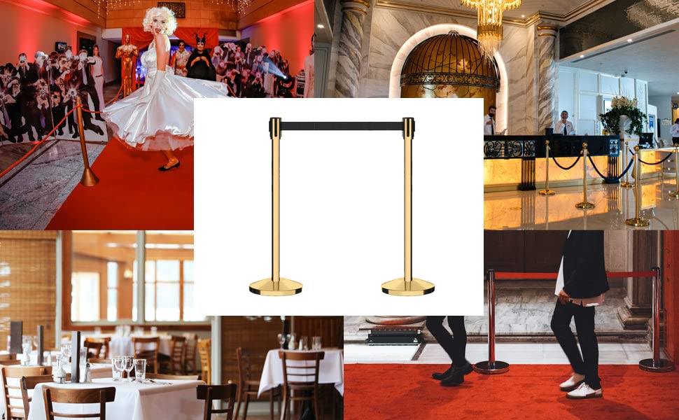 Montour Line M530 Set of 2 Retractable Belt Barrier Stanchion, Sloped Base, Polished Brass Post (7.5 ft Black with"This LINE Closed" White Letters Belt) - color: Black with "THIS LINE CLOSED" White Letters, size: 7.5 ft