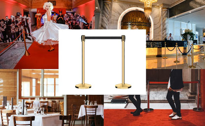 Montour Line M530 Set of 2 Retractable Belt Barrier Stanchion, Sloped Base, Polished Brass Post (7.5 ft Black with"This LINE Closed" White Letters Belt) - color: Black with "THIS LINE CLOSED" White Letters, size: 7.5 ft