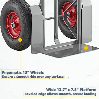 Heavy-Duty Commercial 660 lb Hand Truck Dolly with 13" Pneumatic Wheels, Steel Cart with Handle and Toe Plate, Ideal for Warehouse, Moving, Delivery, Grey - color: Gray, size: 660lb.