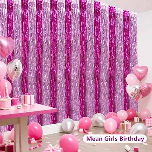 BEISHIDA Hot Pink Pink Door Streamers Backdrop Foil Fringe Tinsel Party Streamers Curtains Photo Backdrop -2Pcs for Girl Birthday Valentines Baby Shower Graduation Bachelorette Party Decoations - color: 05-hot pink pink