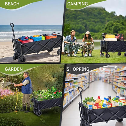350L Large Capacity Foldable Wagon with Brakes, 560lbs Heavy Duty Collapsible Wagon Cart with Push Handle All-Terrain Big Wheels for Camping, Sports, Shopping, Beach - size: 350L