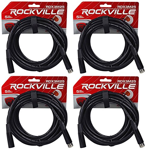 Rockville RDX3M25 25' 3-Pin DMX Lighting Cable, Female to Male, 4-Pack | 100% OFC, Copper Conductors, Nickel Plated, 120 Ohm, XLR Connectors, Hi-Density Braided Shield, EMI/RFI Rejection