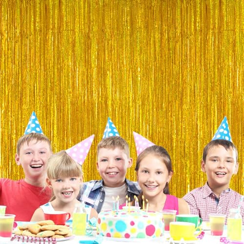 PIGETALE 2 Pack 3.2ft x 8.2ft Gold Metallic Foil Curtains | Laser Glitter Fringe Curtain Photo Booth Backdrop Tinsel Curtain Streamer Birthday Wedding Christmas Event Party Supplies - color: Gold