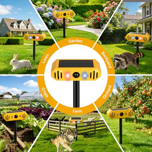 Solar Ultrasonic Animal Repellent -Cat Repellent Outdoor with 13 Predator Sounds & Strobe Lights for Dog Deer Raccoon Squirrels 2-in-1 Stake or Wall Mount for Yard Garden Farm & Patio