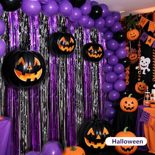 BEISHIDA Black Purple Door Streamers Backdrop Foil Fringe Tinsel Party Streamers Curtains Photo Backdrop - 2Pcs for Birthday Graduation Halloween Party Decoations - color: 05-black purple