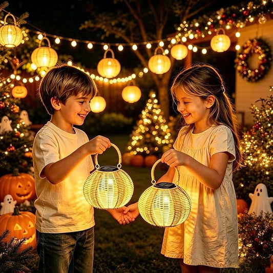 2 Packs Waterproof Solar Lanterns Outdoor,Halloween Rattan Pumpkin Lights - color: Rattan-weave wood color