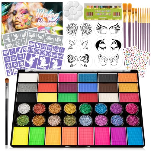 42 Color Face Painting Kit -Non Toxic Water Activated Face Paint Palette with 16 Crayons,6 Reusable & 63 Sticky Stencils,Brushes,Gems.Ideal Choice For Carnival,Halloween,Parties,Makeup etc. - color: Style2