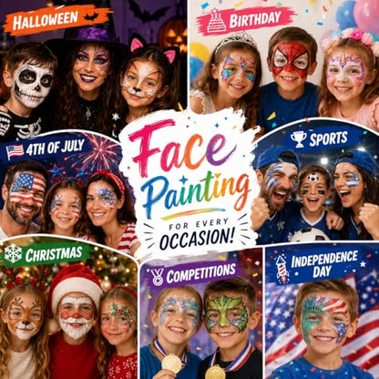 Face Paint Palette Kit 40 Colors Waterproof Oil Based Body Paint Makeup Kit | Face Painting Kit for Kids Professional Non-Toxic Makeup Palette with Tattoo, Brush, Stencil, Sponge, Gem, Party Halloween