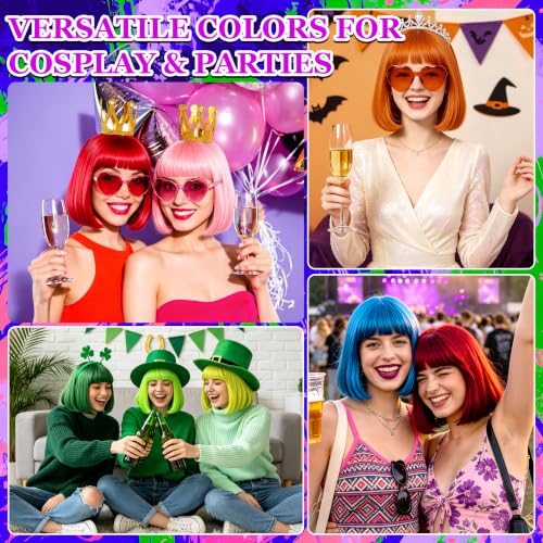 Short Bob Straight Hair Wigs with Bangs, Synthetic Fiber Colorful Hair, Heart-shaped Sunglasses for Women (Pink-Purple) - color: Pink-Purple