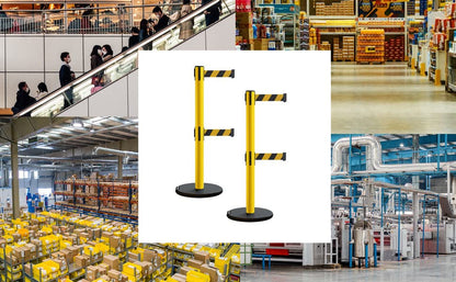 MSE630D 2 Retractable 13 Ft Red Dual Belt Barrier Stanchions | Rolling Base and Yellow Steel Post - color: Red