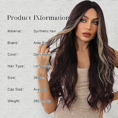 Aida ble Long Wavy Brown with Blonde Highlight Wig for Women 26Inch | Natural Looking Synthetic Hair,Suitable for Daily Wear,Party,Halloween and Cosplay,Beginner-friendly,Lightweight and soft - color: Brown mix Blonde