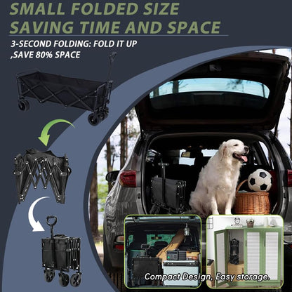 350L Large Capacity Foldable Wagon with Brakes, 560lbs Heavy Duty Collapsible Wagon Cart with Push Handle All-Terrain Big Wheels for Camping, Sports, Shopping, Beach - size: 350L