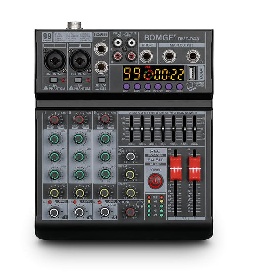 BOMGE 04A Audio Mixer,Professional Sound Board Mixing Console with USB/Bluetooth/Computer/4 Channel Stereo Input DJ Mixer,48V Phantom Digital 99 DSP Effect for PC Recording Karaoke Studio Streaming