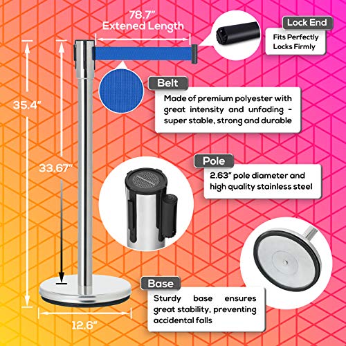 DuraSteel Crowd Control Barriers Line Dividers - Silver Stanchion Stainless Steel Posts with 6.5ft Blue Retractable Belt Ropes - for Store Queues, Airport Lines, Event Entries - 2 Set/Pack - color: Blue Belt, style: Silver Stanchion 2 Pieces Set