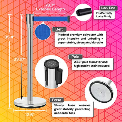 DuraSteel Crowd Control Barriers Line Dividers - Silver Stanchion Stainless Steel Posts with 6.5ft Blue Retractable Belt Ropes - for Store Queues, Airport Lines, Event Entries - 2 Set/Pack - color: Blue Belt, style: Silver Stanchion 2 Pieces Set