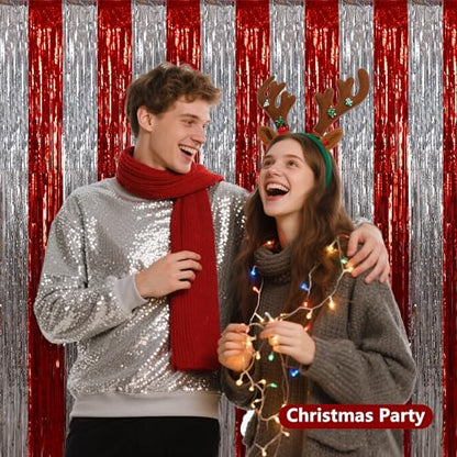 BEISHIDA Red Silver Door Streamers Backdrop Foil Fringe Tinsel Party Streamers Curtains Photo Backdrop - 2Pcs for Valentine's Day Birthday Graduation Christmas Party Decoations - color: 05-red silver