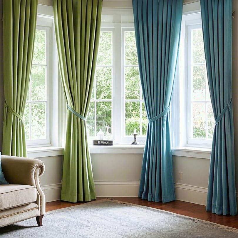 SMILETIME Sage Green and Sky Blue 52in X 84in Velvet Curtains with Grommet, Thermal Insulated Super Soft Privacy Noise Reducing Velvet Curtains for Living Room, 4 Panels