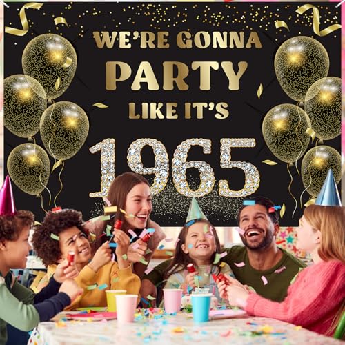 We’re Gonna Party Like It’s 1965 Birthday Banner Backdrop, Cheer to 61 Years Birthday Banner 61st Birthday Party Supplies for Men Women Photography Decorations Black and Gold Glitter Favors - size: 1965