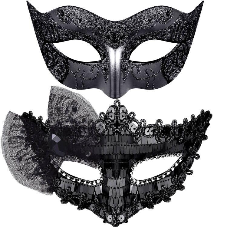 SIQUK Couple Masquerade Masks Set Venetian Party Mask Costume Mask - color: Bow Black