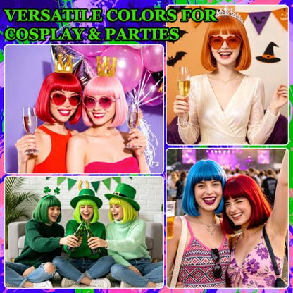 Short Bob Straight Hair Wigs with Bangs, Synthetic Fiber Colorful Hair, Heart-shaped Sunglasses for Women (Light Green) - color: Light Green