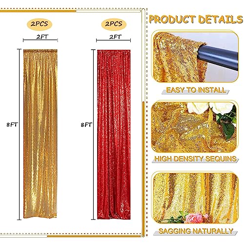 Sequin Backdrop Curtain 4 Panels 2FTx8FT Glitter Background Drapes Sparkle Photography Backdrop for Party Wedding Birthday Wall Decoration (Red× 2 and Gold×2) | Glitter Background Drapes, Sparkle Photography Backdrop, For Party Wedding Birthday, Wall Deco