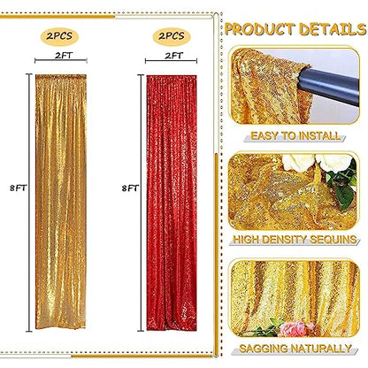 Sequin Backdrop Curtain 4 Panels 2FTx8FT Glitter Background Drapes Sparkle Photography Backdrop for Party Wedding Birthday Wall Decoration (Red× 2 and Gold×2) | Glitter Background Drapes, Sparkle Photography Backdrop, For Party Wedding Birthday, Wall Deco