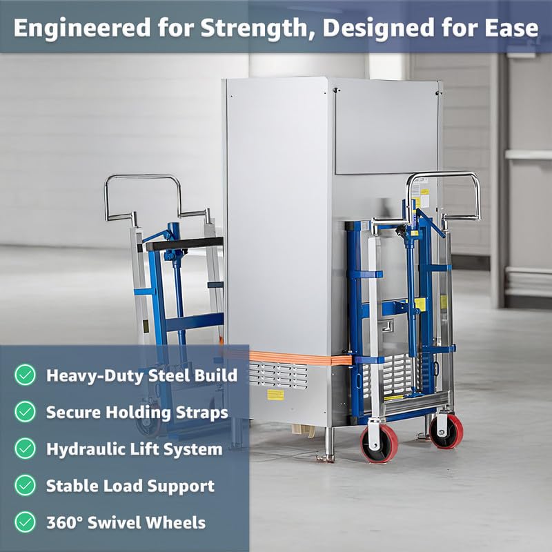 Heavy-Duty Commercial Hand Truck 3,950 lb Hydraulic Furniture & Equipment Mover - 2-Piece Blue Steel Dolly Set with Straps, Lift Plate, 6" Swivel Polyurethane Wheels, for Warehouse, Vending Machines