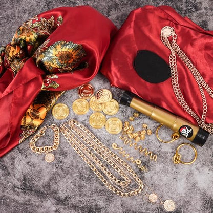38PCS Pirate Accessories for Women - Captain Costume Set with Telescope, Gold Coins, Jewelry, Sash, Bandana & Eye Patch - Complete Halloween Cosplay Dress Up Kit for Ladies