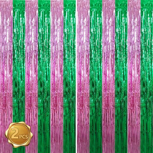 BEISHIDA Pink Green Door Streamers Backdrop Foil Fringe Tinsel Party Streamers Curtains Photo Backdrop for Birthday Graduation Wicked Party Decoations - color: 05-pink green