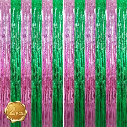 BEISHIDA Pink Green Door Streamers Backdrop Foil Fringe Tinsel Party Streamers Curtains Photo Backdrop for Birthday Graduation Wicked Party Decoations - color: 05-pink green