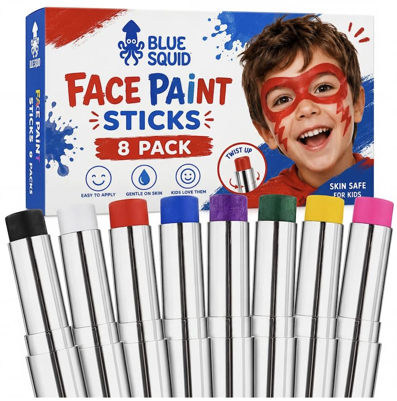 Blue Squid 8 Stick Pack Face Paint Stick - Water based Body Paint for Adults & Kids - Vegan Hypoallergenic Twist-Up Non-Toxic Makeup Stick for Cosplay, & SFX (8 Stick Pack) - color: Multi-Color Stick Pack