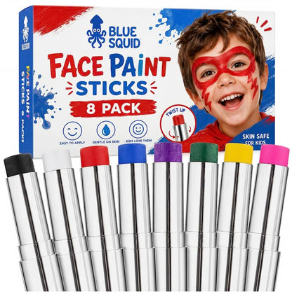 Blue Squid 8 Stick Pack Face Paint Stick - Water based Body Paint for Adults & Kids - Vegan Hypoallergenic Twist-Up Non-Toxic Makeup Stick for Cosplay, & SFX (8 Stick Pack) - color: Multi-Color Stick Pack