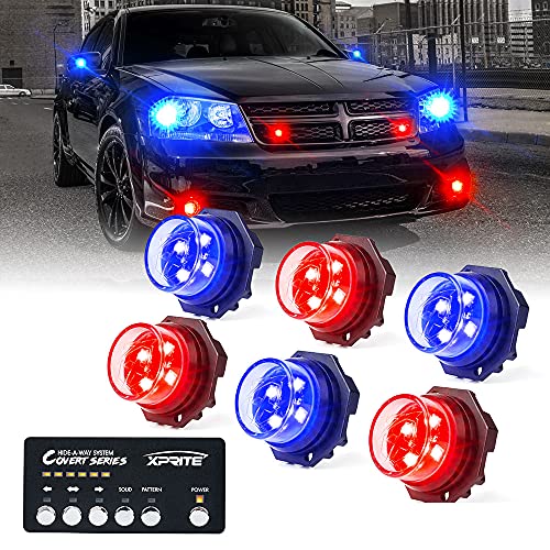 Xprite Multi Color LED Hideaway Strobe Lights Kit, 20 Flash Modes w/Control Panel Headlights Taillights Fog Light Interior Mounting for Construction Towing Snow Plow Pickup Work Trucks Cars 6 PCS - color: Multi Color, size: 6 pcs